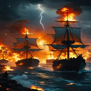 "A fiery naval engagement, with Roman corvus boarding devices clamping onto Carthaginian ships, and soldiers battling on the decks."