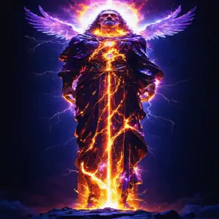 A towering divine figure calling upon the powers of the heavens, with celestial light and energy radiating from their form