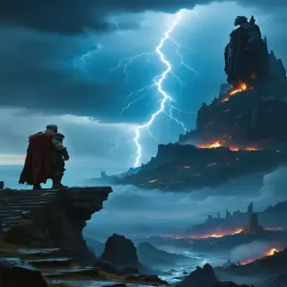Kratos standing on a rocky ledge, gazing at the towering figure of Zeus in the distance, with an apocalyptic storm brewing around them.