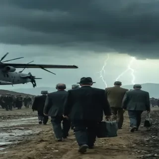 "A solemn scene of the Holocaust survivors arriving in Palestine, symbolizing hope and tragedy intertwined."