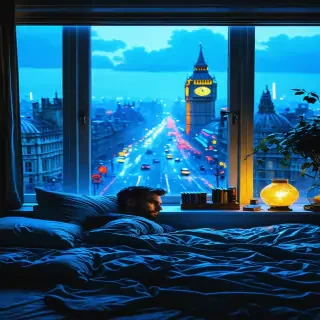 Surreal overlay of futuristic London appearing above sleeping man’s bed, transparent time-layers shifting, neon-like glows blended with Victorian room, dreamlike depth, volumetric haze, ultra-real cinematic composite, 9:16.