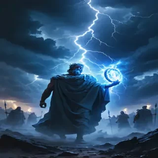 Zeus calling upon the power of the Olympian gods, with divine figures appearing in the stormy skies above him to lend their strength.