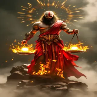 A symbolic depiction of Kratos balancing the scales of justice, surrounded by flames and glowing celestial orbs representing authority and discipline.