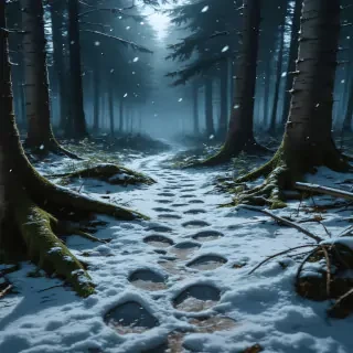 Trail of footprints fading into dark forest, snow falling, hyper-realistic, ominous.