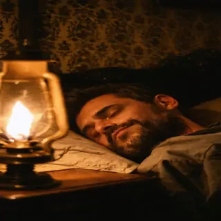 Cinematic close-up of man asleep in dim Victorian bedroom lit by oil lamp, warm flickering light on his face, shadows dancing on wallpaper, macro clarity on eyelids twitching, shallow depth of field, IMAX realism, 9:16 vertical.