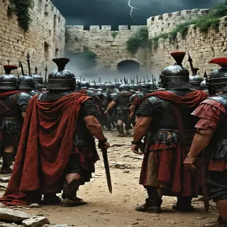 A scene of the abandoned women and children between the walls, surrounded by cold Roman soldiers.