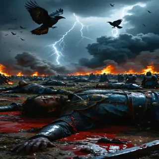 "The aftermath of a battle, with fallen warriors lying on a blood-stained field as crows circle above."