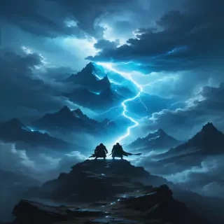 Two mythical figures standing on opposing mountain peaks, surrounded by swirling storm clouds and cosmic energy.