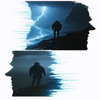 Split-scene collage: avalanche diagram, military lights, strange glowing figure, atmospheric, cinematic.