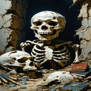 "The discovery of the Katyn graves: investigators unearthing skeletons, skulls showing bullet holes, and personal effects like medals and notebooks."