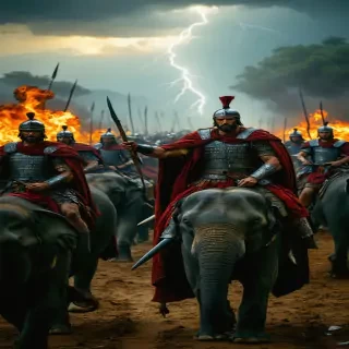 "Scipio Africanus directing Roman cavalry in the Battle of Zama, with Carthaginian elephants retreating in fear."