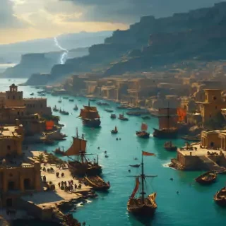 "A Carthaginian harbor bustling with trade, showing the city’s wealth before the devastation of the Punic Wars."