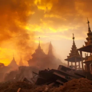 Temple collapsing, dust clouds.