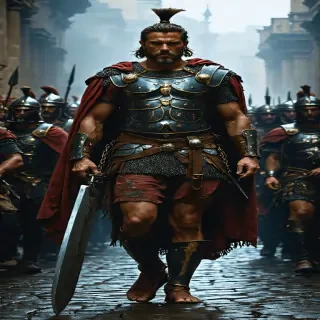 "A solemn depiction of Vercingetorix in chains, being paraded through Rome before his eventual execution.