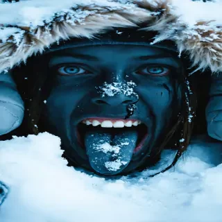 Victim’s face partially buried in snow, missing tongue and eyes, eerie cold composition, hyper-realistic.