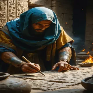 An intricate depiction of ancient Mesopotamian scribes carving cuneiform symbols into clay tablets. The scene is lit by flickering oil lamps, emphasizing the meticulous effort involved in recording their knowledge.