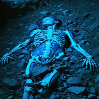 Body found in ravine with crushed chest, forensic lighting, cold blue shadows, cinematic.
