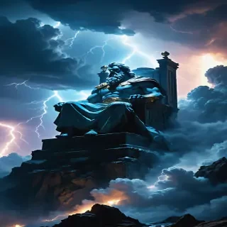"Zeus seated on his throne atop Mount Olympus, surrounded by storms of lightning and clouds. His stern expression conveys authority and menace, holding his thunderbolt in hand.
