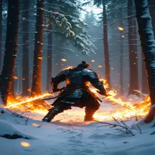 A warrior training in a frozen forest, slashing through trees with fiery blades, glowing embers flying through the snowy air.