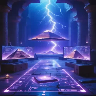 A futuristic vision of AI unraveling the mysteries of ancient civilizations. Digital holograms of pyramids, cuneiform tablets, and brewing instructions float above glowing monitors, symbolizing the fusion of ancient knowledge and modern technology.