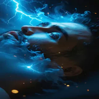 Slow-motion shot of man’s head dropping forward as he succumbs to sleep, sparks of surreal blue-white dream energy forming around him, cinematic silence, macro eyelash detail, volumetric glow, 9:16.