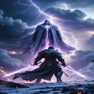 A fierce warrior with glowing blades standing on a frozen battlefield, facing a towering divine figure surrounded by storm clouds and lightning.
