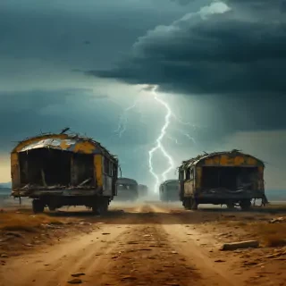 "A symbolic image of the Drumul Mătăsii being severed, with tattered caravans and empty roads leading to the ruins of Merv."