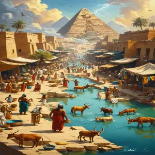 "A bustling ancient Egyptian marketplace near the Nile, with people washing clothes, fetching water, and bathing in the river while animals roam nearby."