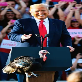 "A humorous depiction of the turkey pardon ceremony: the President of the United States smiling while gesturing toward a live turkey on a podium, surrounded by a cheering audience."