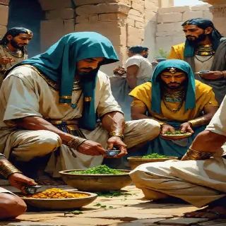 "A scene of common Egyptians suffering from diseases, with a healer applying herbal remedies while people around them deal with lice and infections."