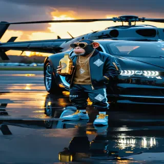 Ultra-wide low-angle: matte-black Bugatti Chiron on mirrored helipad, sunset flares. Monkey steps out in 24-k gold bomber jacket, diamond Cuban chain, holding a giant golden banana like a bottle of Ace of Spades. Lens flare blinds the camera.