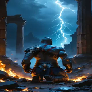 A reflective moment of Kratos after defeating Zeus, kneeling amidst the ruins, with flashes of his past haunting him in the background.