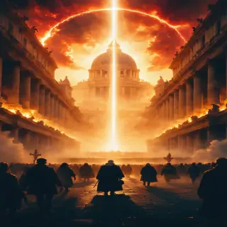 A dramatic depiction of the moment the portals fully activate, with beams of light shooting skyward, illuminating the Vatican skyline as people in the streets react with awe and fear.