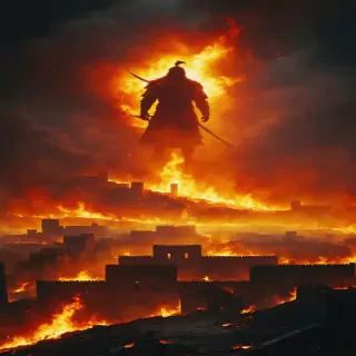 A symbolic depiction of the massacre at Merv, with the shadow of Genghis Khan looming over a city in flames."