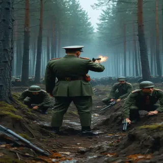 "An execution scene in the Katyn forest: a Soviet officer standing behind a kneeling prisoner, aiming a pistol at the back of their head, with mass graves in the background."