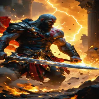 Kratos striking Zeus with his Blades of Chaos, the sparks from their clash lighting up the battlefield.