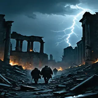 "The aftermath of the massacre, with survivors wandering through the ruins, mourning their lost city and loved ones."