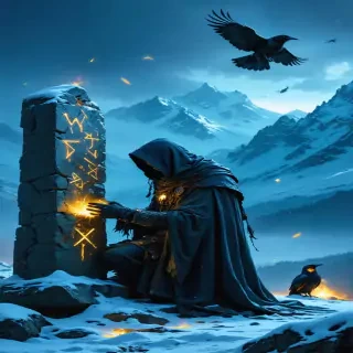 "A mystical figure studying glowing runes on an ancient stone, with ravens flying overhead and a snowy Nordic landscape in the background.