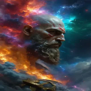 A cosmic depiction of the conflict between Kratos and Zeus, showing their battle resonating across time and space.