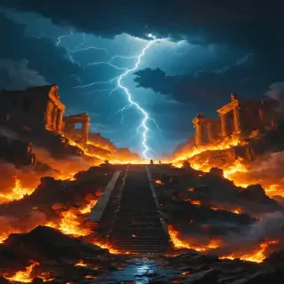 Kratos and Zeus locked in a brutal battle on Mount Olympus, surrounded by crumbling statues of ancient gods and a fiery sky.