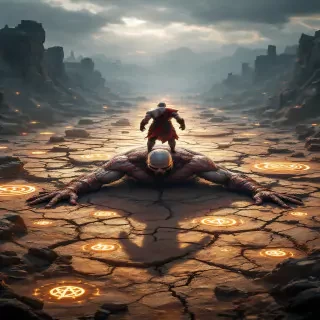 Kratos standing victorious over a subdued titan, surrounded by a cracked battlefield and glowing divine symbols etched in the earth.
