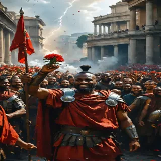 "Scipio Africanus receiving a hero’s welcome in Rome, with crowds cheering and flowers thrown in his path."