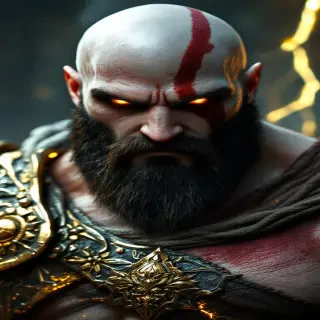 A portrait of Kratos, clad in radiant bronze armor, with a stern expression and glowing eyes resembling Zeus’s lightning.