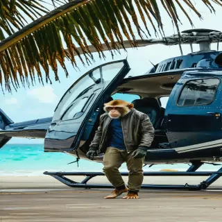 Wide shot: monkey stepping out of open-door luxury chopper on private island helipad, rotor wash whipping palm fronds. Aviators + leather bomber jacket.