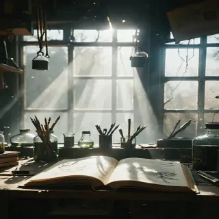 Morning light entering lab through small window, empty restraints hanging loose, journal left open with glowing ink sketches of a future day, dust floating in beam of light, dramatic IMAX wide shot, 9:16.