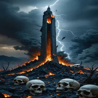 "A symbolic representation of the destruction, with a shattered minaret standing amidst a field of ashes and skulls."