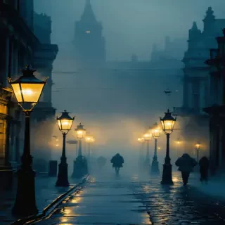 Epic IMAX vertical shot of foggy Victorian London street at night, gas lamps casting golden halos through thick mist, cobblestone reflections, silhouettes passing by, deep atmospheric fog, cinematic desaturated sepia-blue palette, slow dolly-in camera, 9:16.