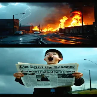 Montage shot: newspaper boy yelling headlines that match man’s notes, distant fire in factory district, storm clouds forming exactly as predicted, rapid crossfades with IMAX clarity, dramatic lighting contrast, 9:16 vertical.