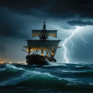 "A Carthaginian merchant ship navigating stormy seas, symbolizing the city’s wealth and maritime power before the wars."