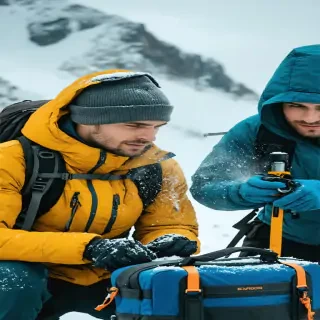 Portrait of confident hikers preparing equipment, icy breath, snow-covered camp, hyper-realistic.